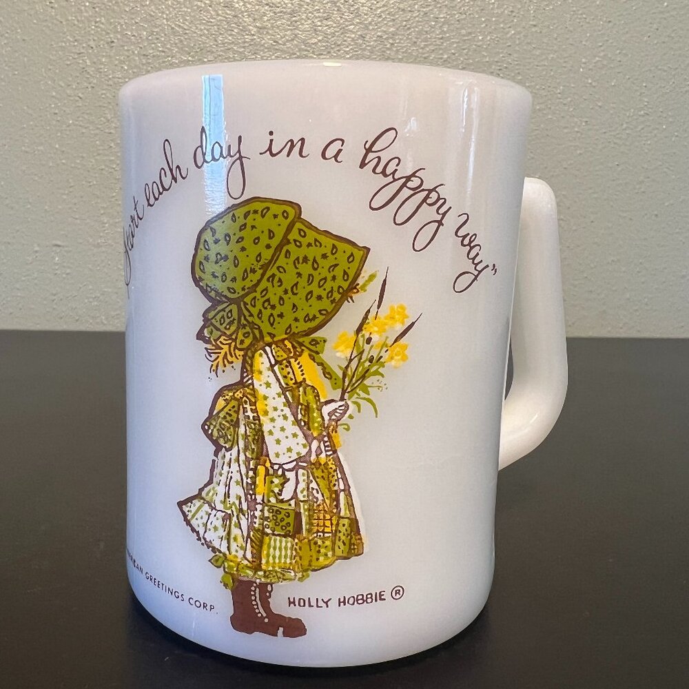 Vintage Holly Hobbie Milk Glass Mug Federal Glass Start Each Day In A Happy Way